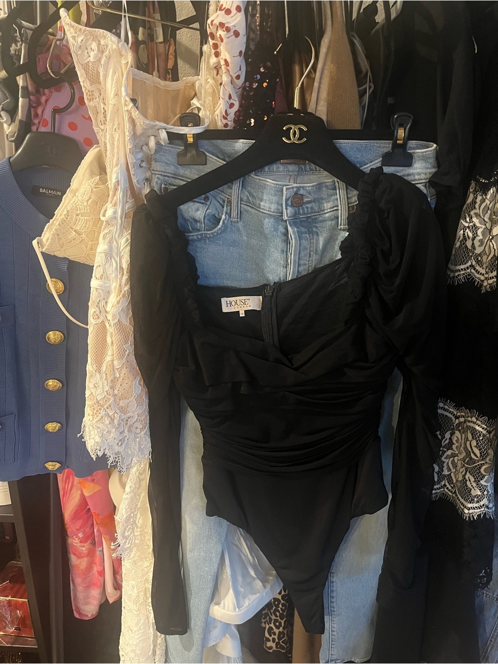 HOUSE OF CB Black Long-Sleeve Ruched Bodysuit size M🎩🎩🎩🎩